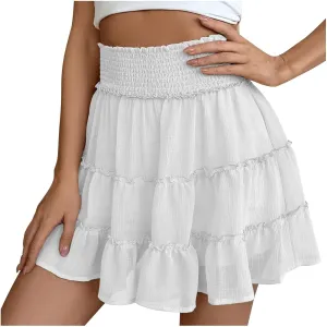DDAPJ pyju Flowy Shorts for Women Summer Casual Boho Ruffle Tiered Skorts Smocked High Waisted Mini Skirts Built in Shorts