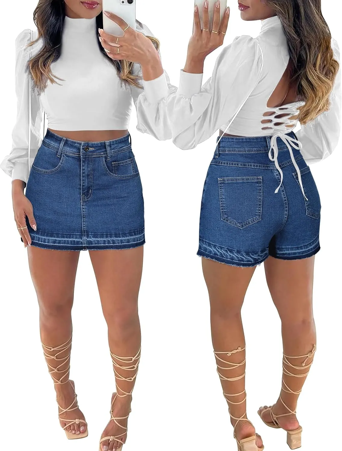 Denim Skort for Women High Wasited Mini Denim Skirt Stretch Summer Jean Skirt with Pockets