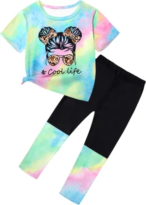 DONWEN Girls Clothes Tie Dye Outfits,2 Piece Girl Sweatsuit Graphic Short Sleeve Tops Long Pants Summer Clothes for Girls
