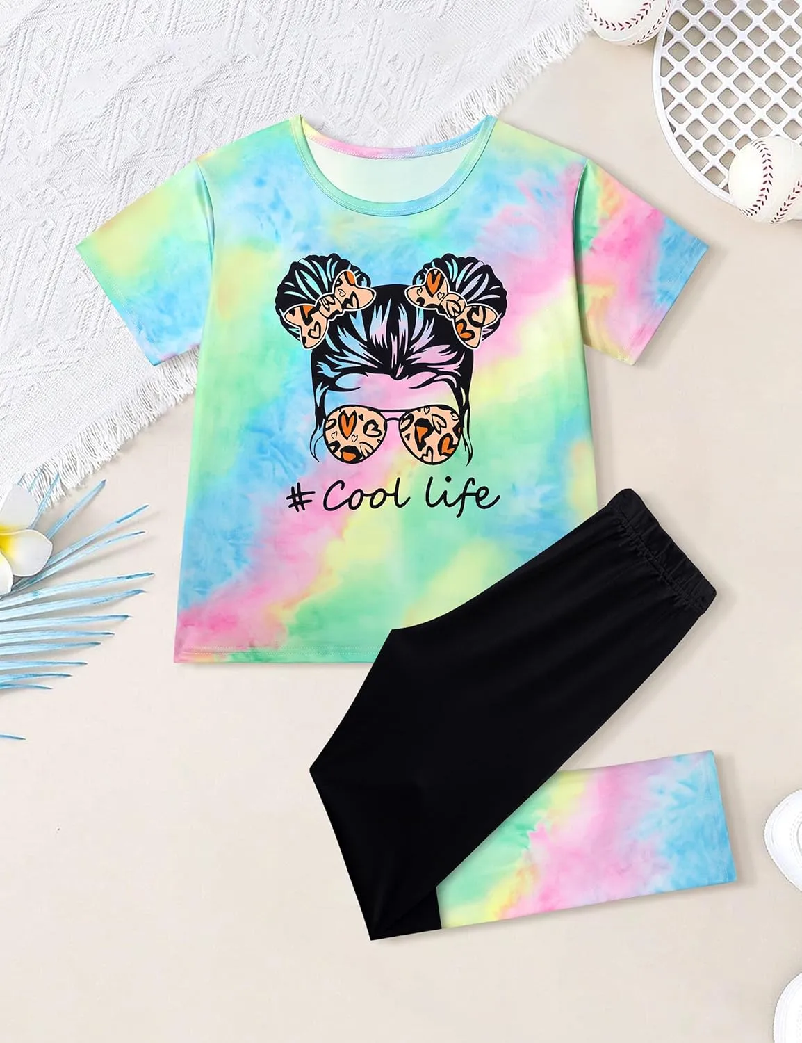 DONWEN Girls Clothes Tie Dye Outfits,2 Piece Girl Sweatsuit Graphic Short Sleeve Tops Long Pants Summer Clothes for Girls