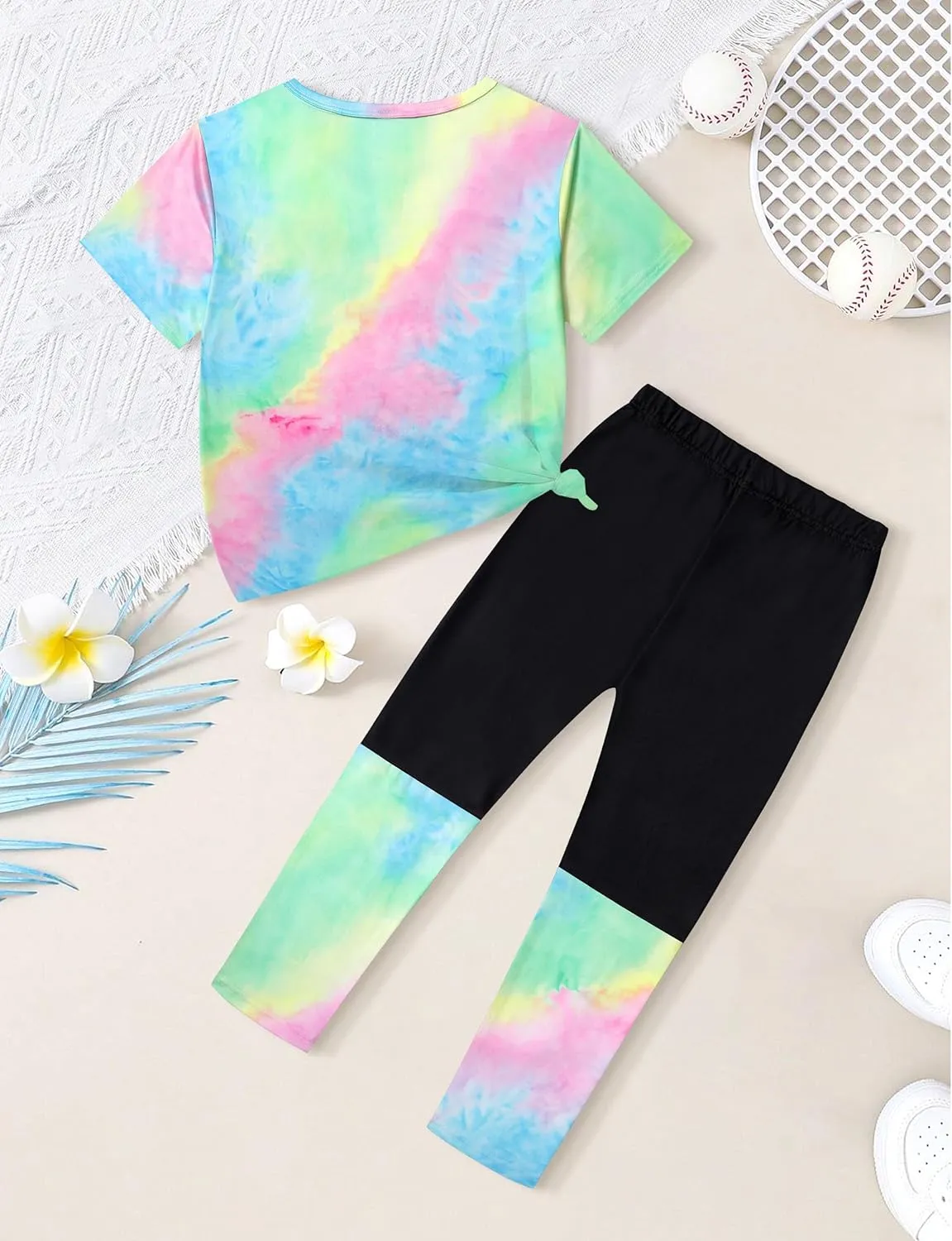 DONWEN Girls Clothes Tie Dye Outfits,2 Piece Girl Sweatsuit Graphic Short Sleeve Tops Long Pants Summer Clothes for Girls