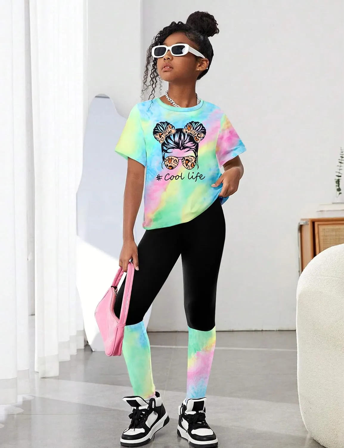 DONWEN Girls Clothes Tie Dye Outfits,2 Piece Girl Sweatsuit Graphic Short Sleeve Tops Long Pants Summer Clothes for Girls