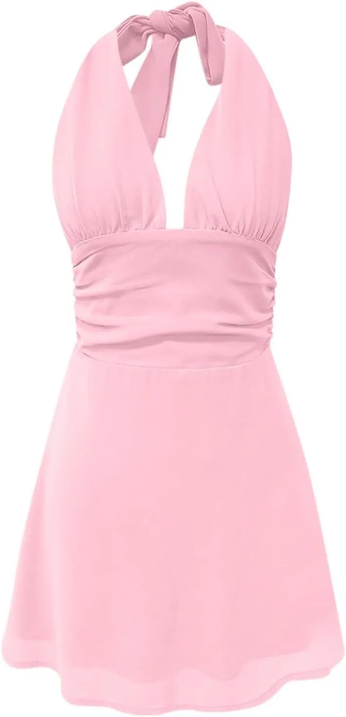Dresses for Women Swing Deep V Mini Dress Bow Tie Sleeveless Backless Ruched Flowy Wrap Ruffle Hem Summer Dress