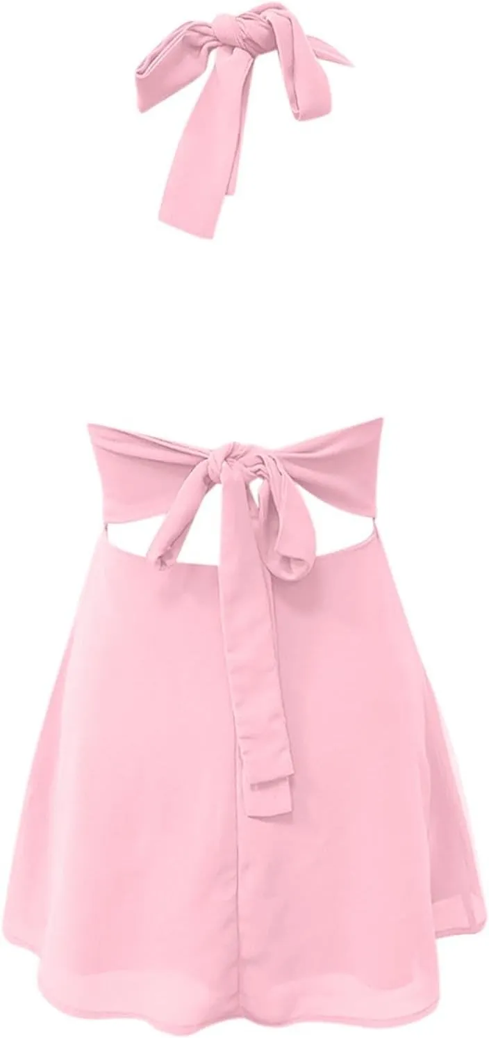 Dresses for Women Swing Deep V Mini Dress Bow Tie Sleeveless Backless Ruched Flowy Wrap Ruffle Hem Summer Dress