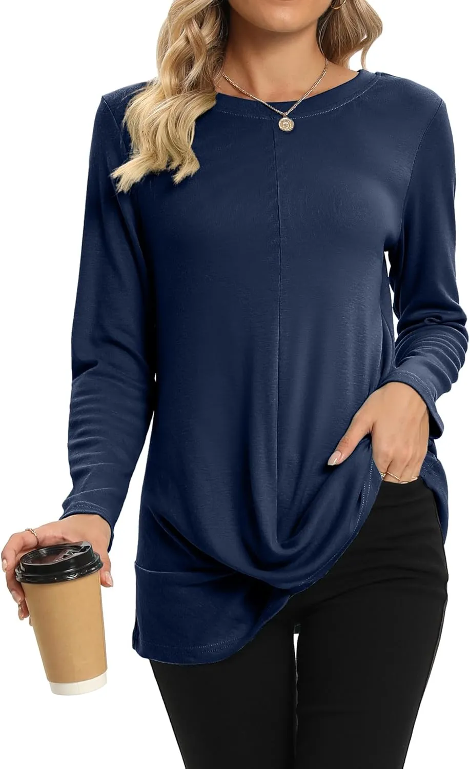 DUSDIMON Women's Crewneck Tunic Tops Long Sleeve Casual TShirts Front Twist for Leggings