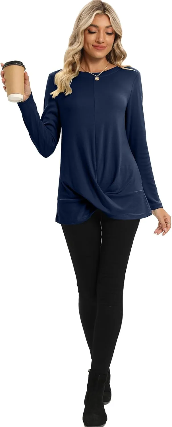 DUSDIMON Women's Crewneck Tunic Tops Long Sleeve Casual TShirts Front Twist for Leggings