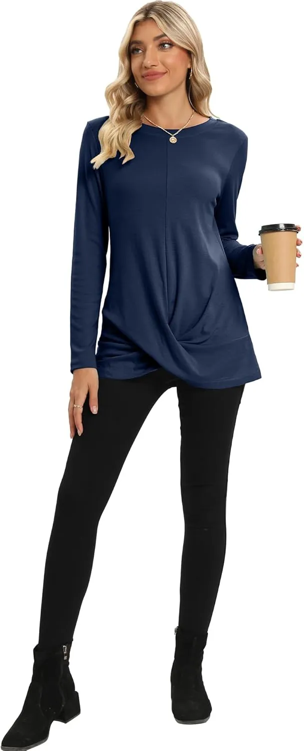 DUSDIMON Women's Crewneck Tunic Tops Long Sleeve Casual TShirts Front Twist for Leggings