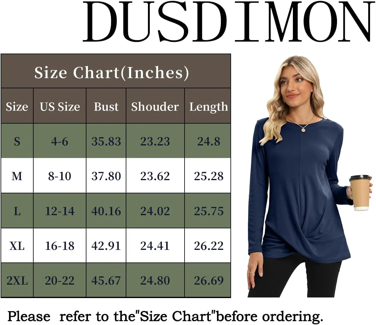 DUSDIMON Women's Crewneck Tunic Tops Long Sleeve Casual TShirts Front Twist for Leggings