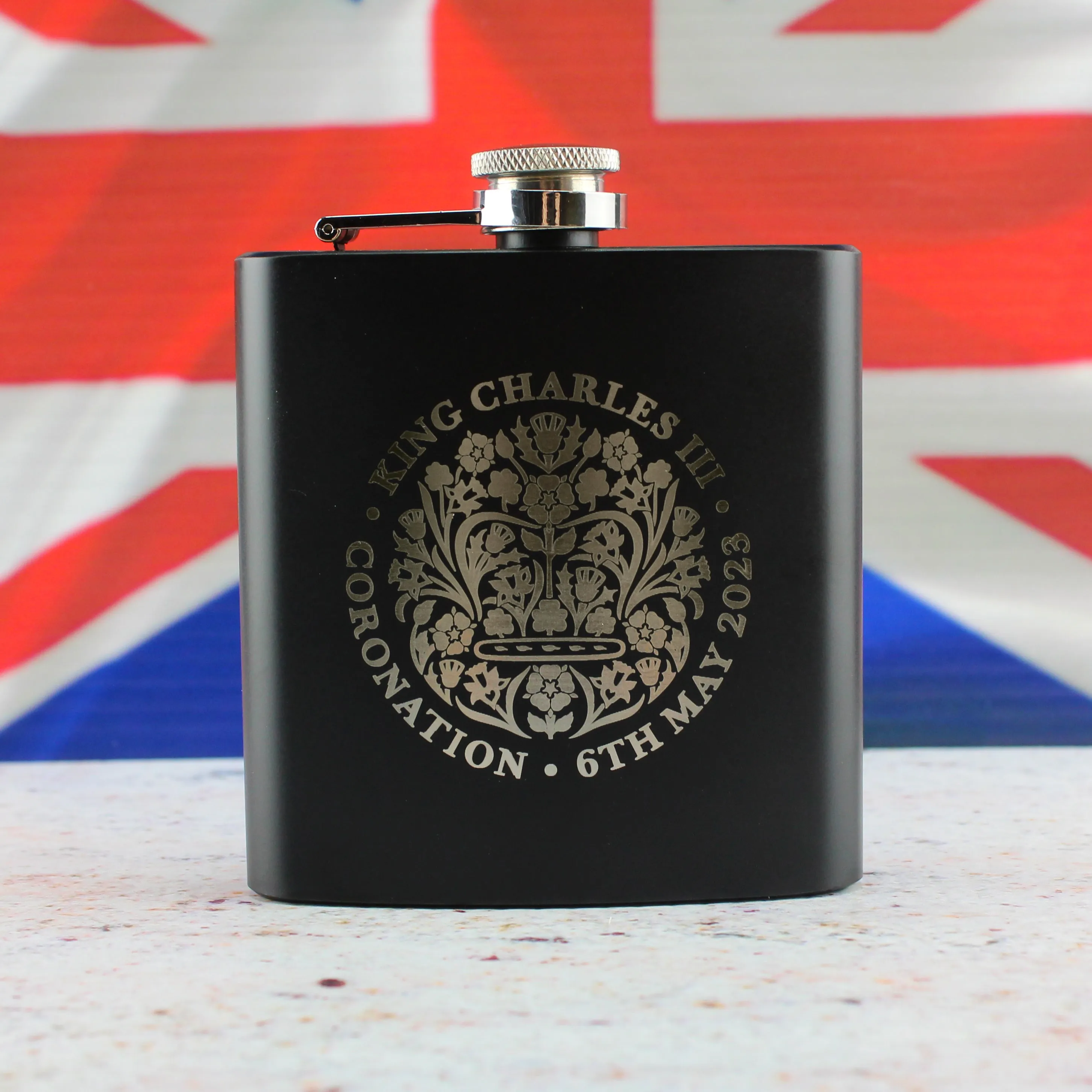 Engraved Commemorative Coronation of the King Black Hip Flask