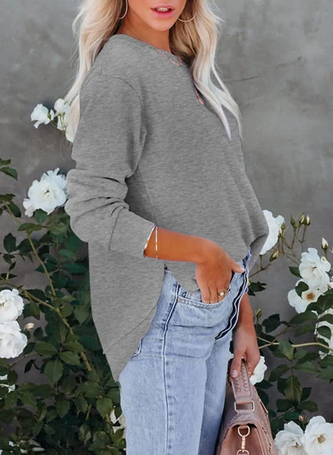 EVALESS Sweatshirt for Women Crewneck Long Sleeve Side Split Tops Casual Solid Color Loose Pullover Shirts 2025 Clothes