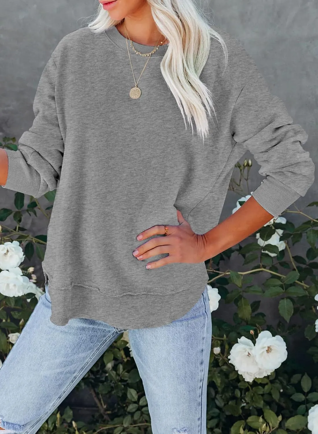 EVALESS Sweatshirt for Women Crewneck Long Sleeve Side Split Tops Casual Solid Color Loose Pullover Shirts 2025 Clothes