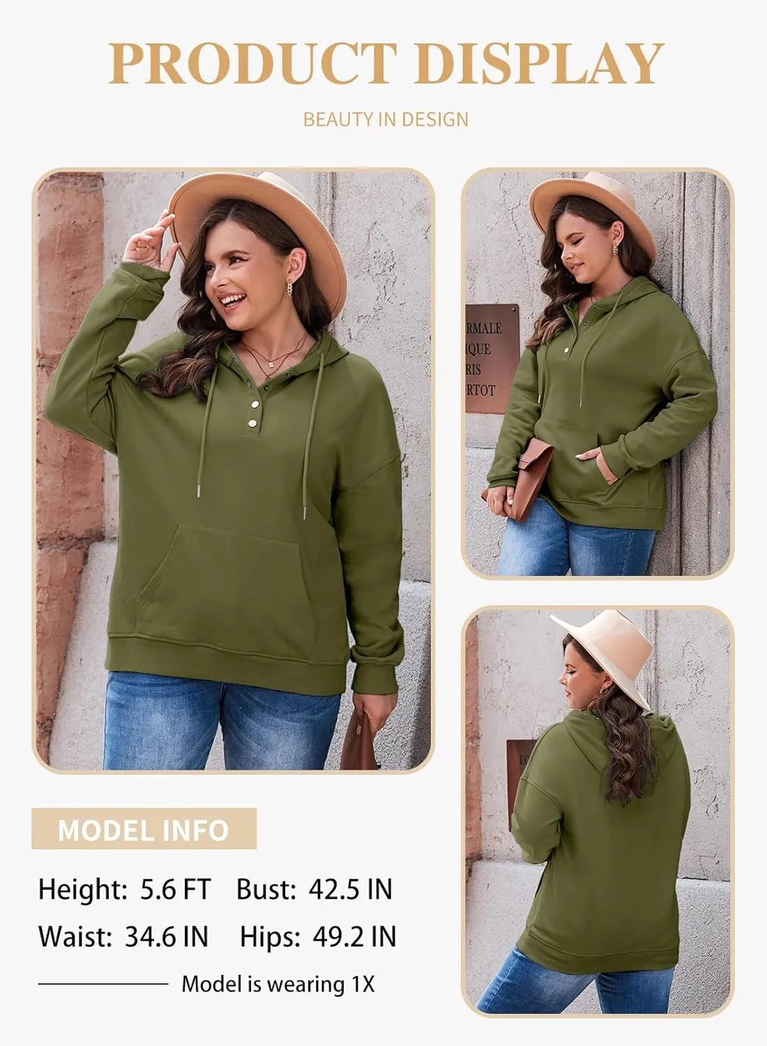 Eytino Plus Size Hooded for Women Tops Long Sleeve Button Collar Drawstring Hoodies Pullover Sweatshirts with Pockets(1X-5X)