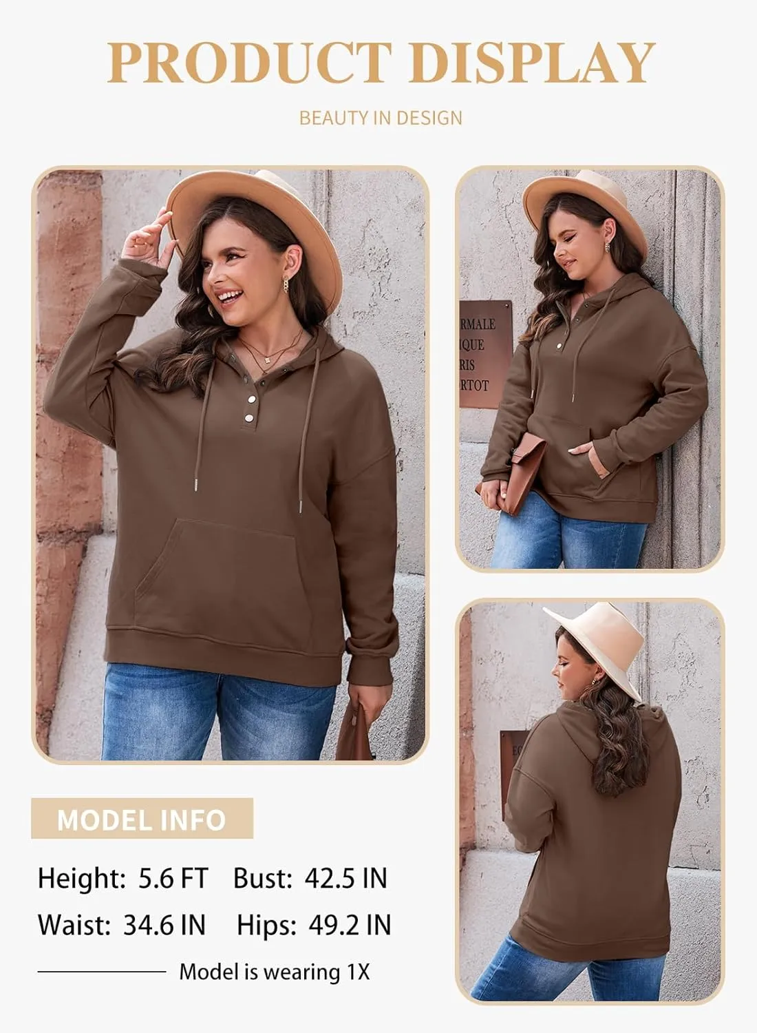Eytino Plus Size Hooded for Women Tops Long Sleeve Button Collar Drawstring Hoodies Pullover Sweatshirts with Pockets(1X-5X)