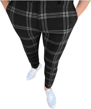 Finelylove Mens Plaid Pants Fashion Stretch Skinny Dress Pants Slim Fit Flat Front Chino Pants Casual Golf Slacks
