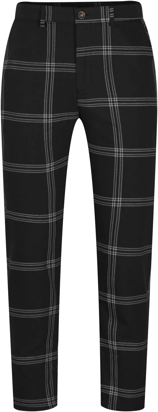 Finelylove Mens Plaid Pants Fashion Stretch Skinny Dress Pants Slim Fit Flat Front Chino Pants Casual Golf Slacks