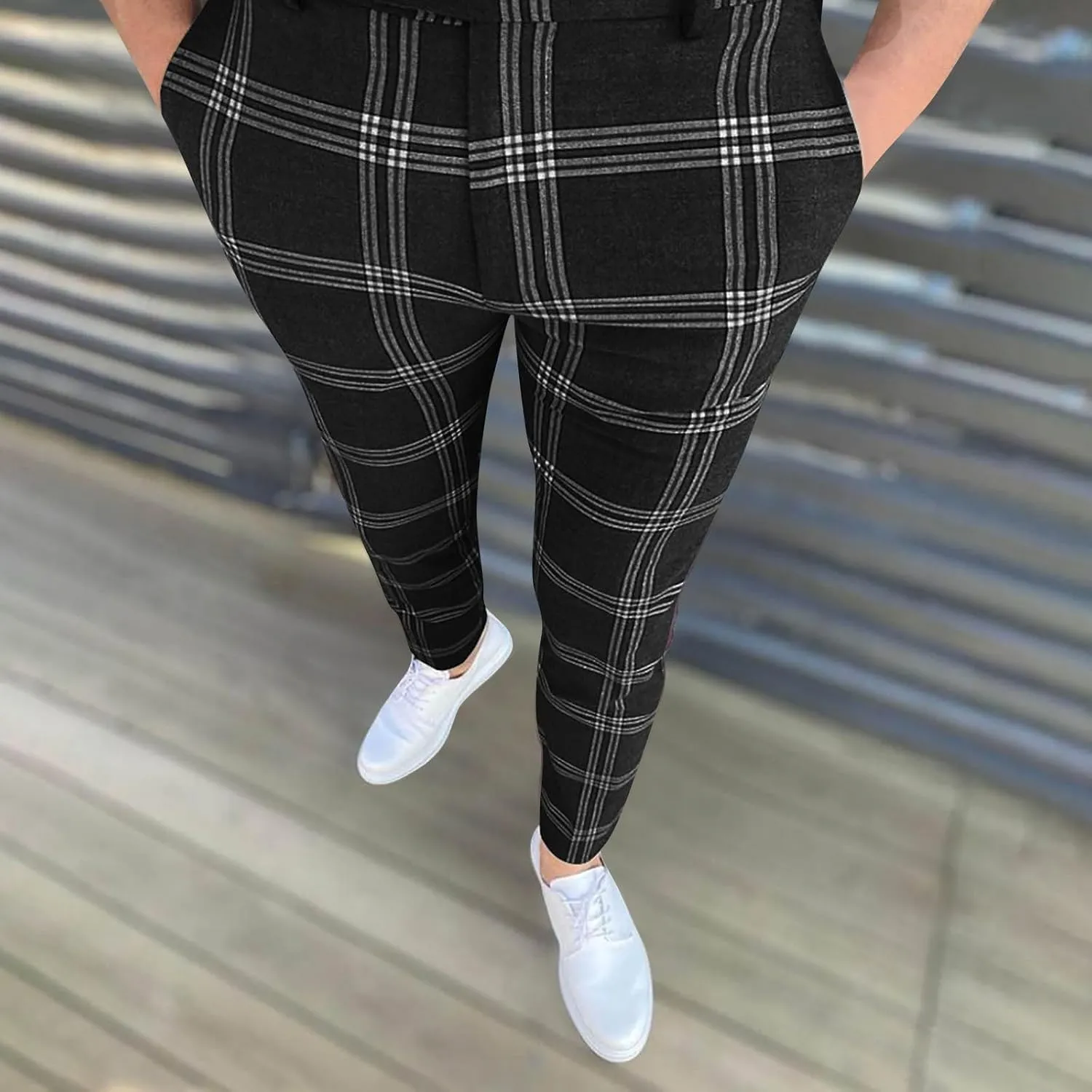 Finelylove Mens Plaid Pants Fashion Stretch Skinny Dress Pants Slim Fit Flat Front Chino Pants Casual Golf Slacks