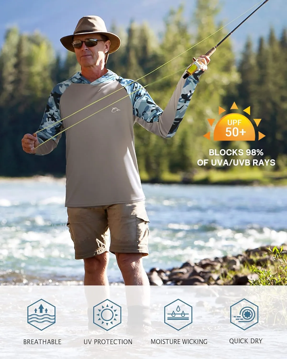 FISHEAL Men's Performance Fishing Hoodie Shirt with Thumbholes - UPF 50 Sun Protection Camo Long Sleeve Shirts Quick-Dry