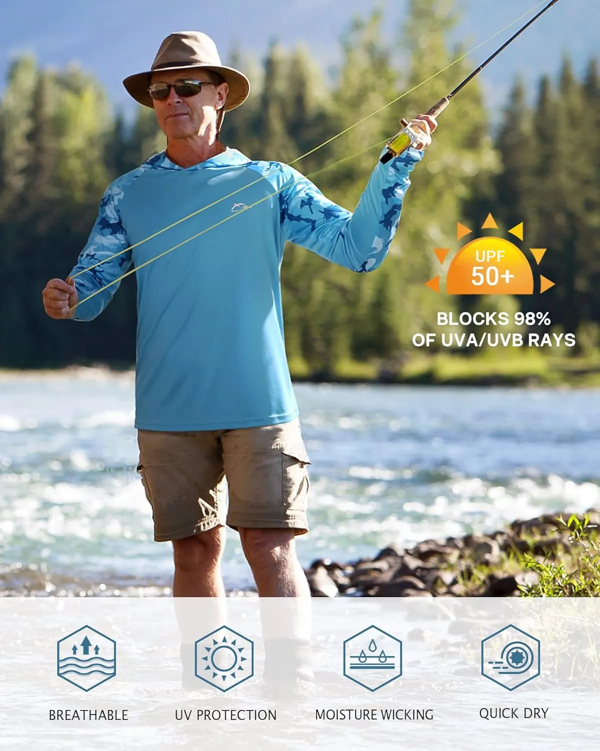 FISHEAL Men's Performance Fishing Hoodie Shirt with Thumbholes - UPF 50 Sun Protection Camo Long Sleeve Shirts Quick-Dry