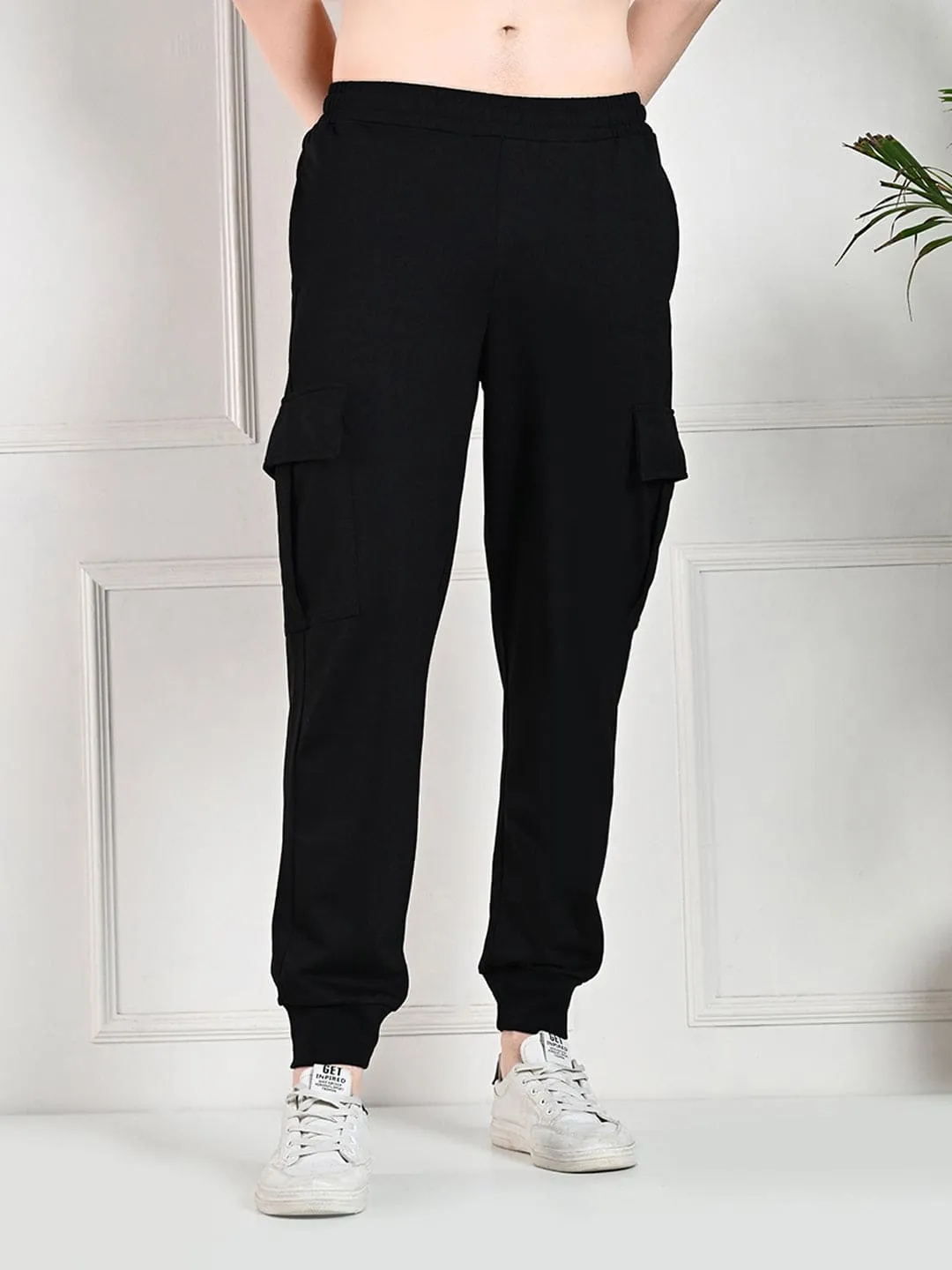 FITINC All Weather Cotton Zipper Pockets Jogger Cargo for Men - Black