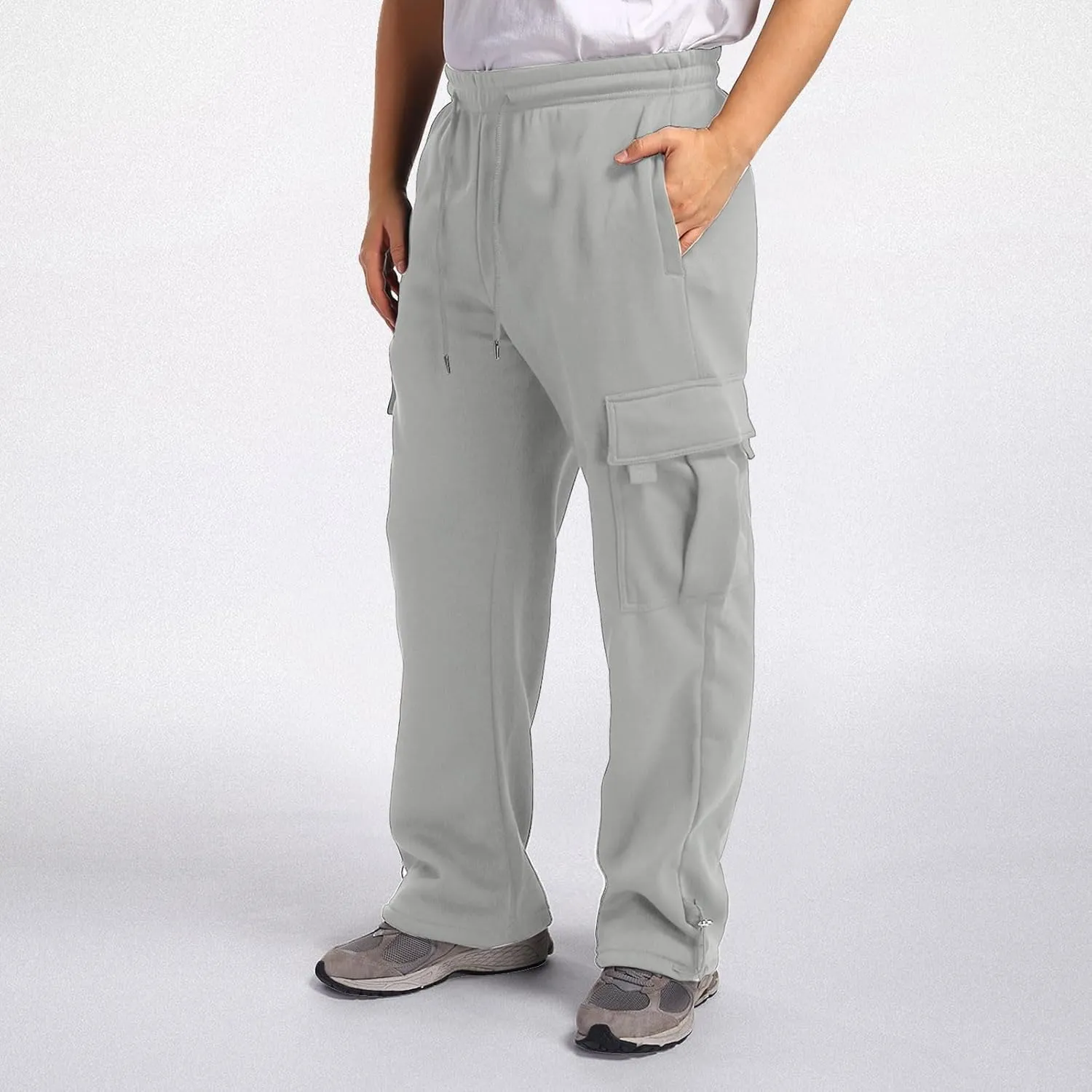 Fleece Cargo Sweatpants for Men Big and Tall Loose Fit Elastic Waist Casual Pants Lightweight Comfy Drawstring Athletic Pants