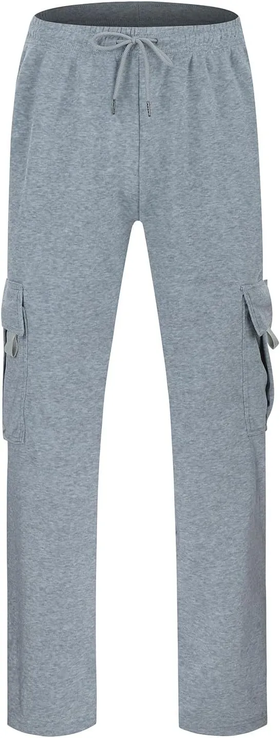 Fleece Cargo Sweatpants for Men Big and Tall Loose Fit Elastic Waist Casual Pants Lightweight Comfy Drawstring Athletic Pants