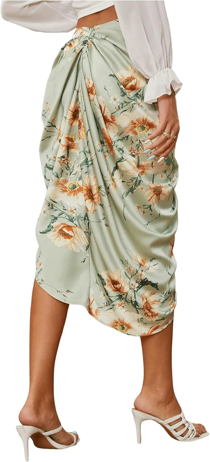 Floerns Women's Boho Floral Print Split Thigh Satin Ruched Midi Skirt