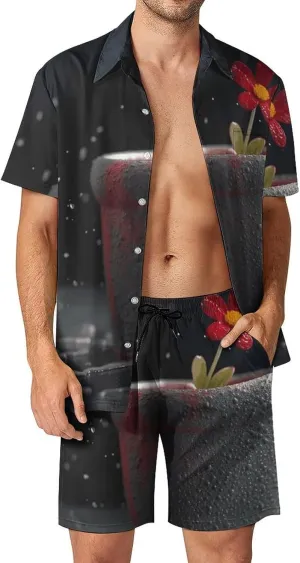 Flowers in Pot Mens Swimsuit 2 Pieces Set Quick Dry Shorts Shirts Summer Button Down Short Sleeve Set