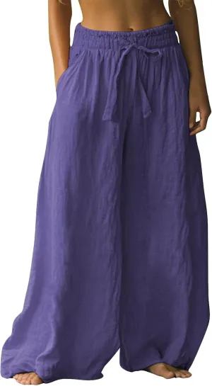 Flowy Pants for Women Baggy High Waist Drawsting Linen Palazzo Trouser Boho Floral Embroidered Wide Leg Beach Bottoms