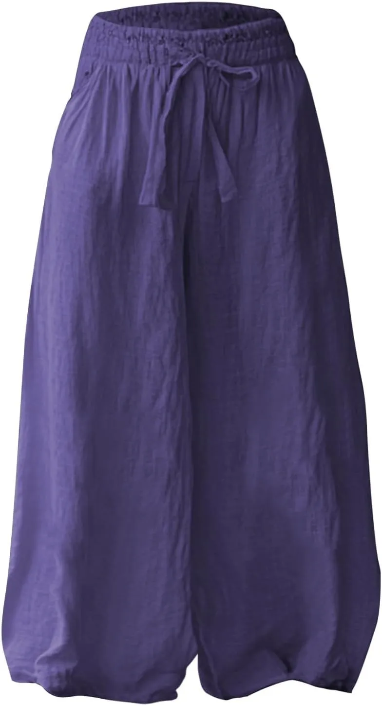 Flowy Pants for Women Baggy High Waist Drawsting Linen Palazzo Trouser Boho Floral Embroidered Wide Leg Beach Bottoms