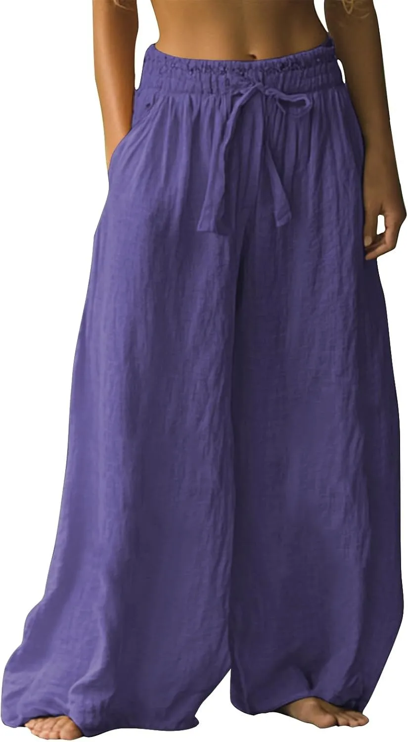 Flowy Pants for Women Baggy High Waist Drawsting Linen Palazzo Trouser Boho Floral Embroidered Wide Leg Beach Bottoms