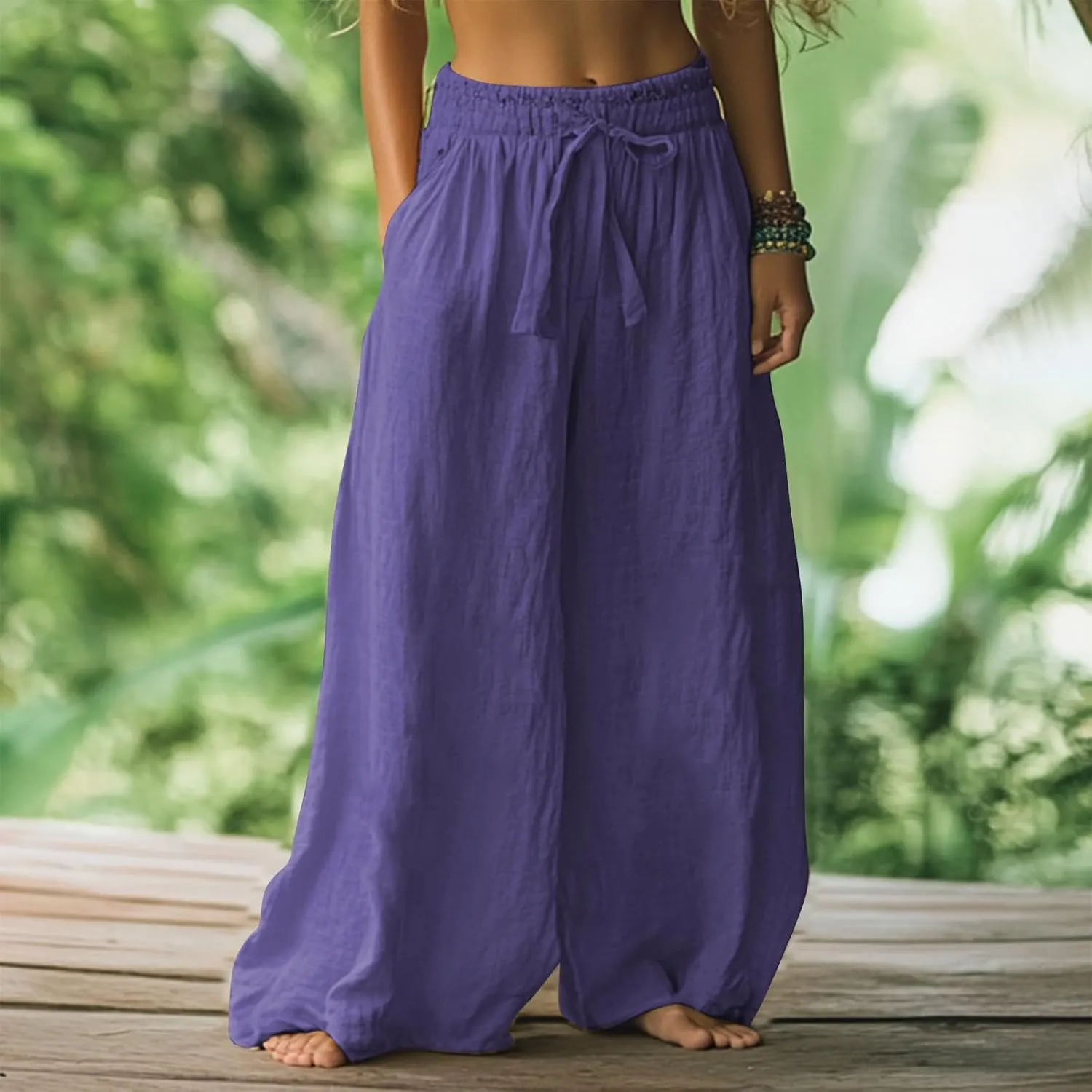 Flowy Pants for Women Baggy High Waist Drawsting Linen Palazzo Trouser Boho Floral Embroidered Wide Leg Beach Bottoms