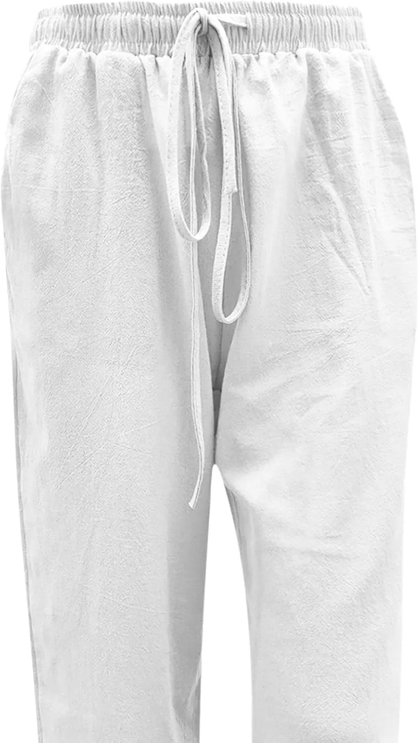 Flowy Women Linen Pants Casual Loose High Waist Trousers Boho Loose Cropped Beach Pants Summer Slacks 2025 Trendy