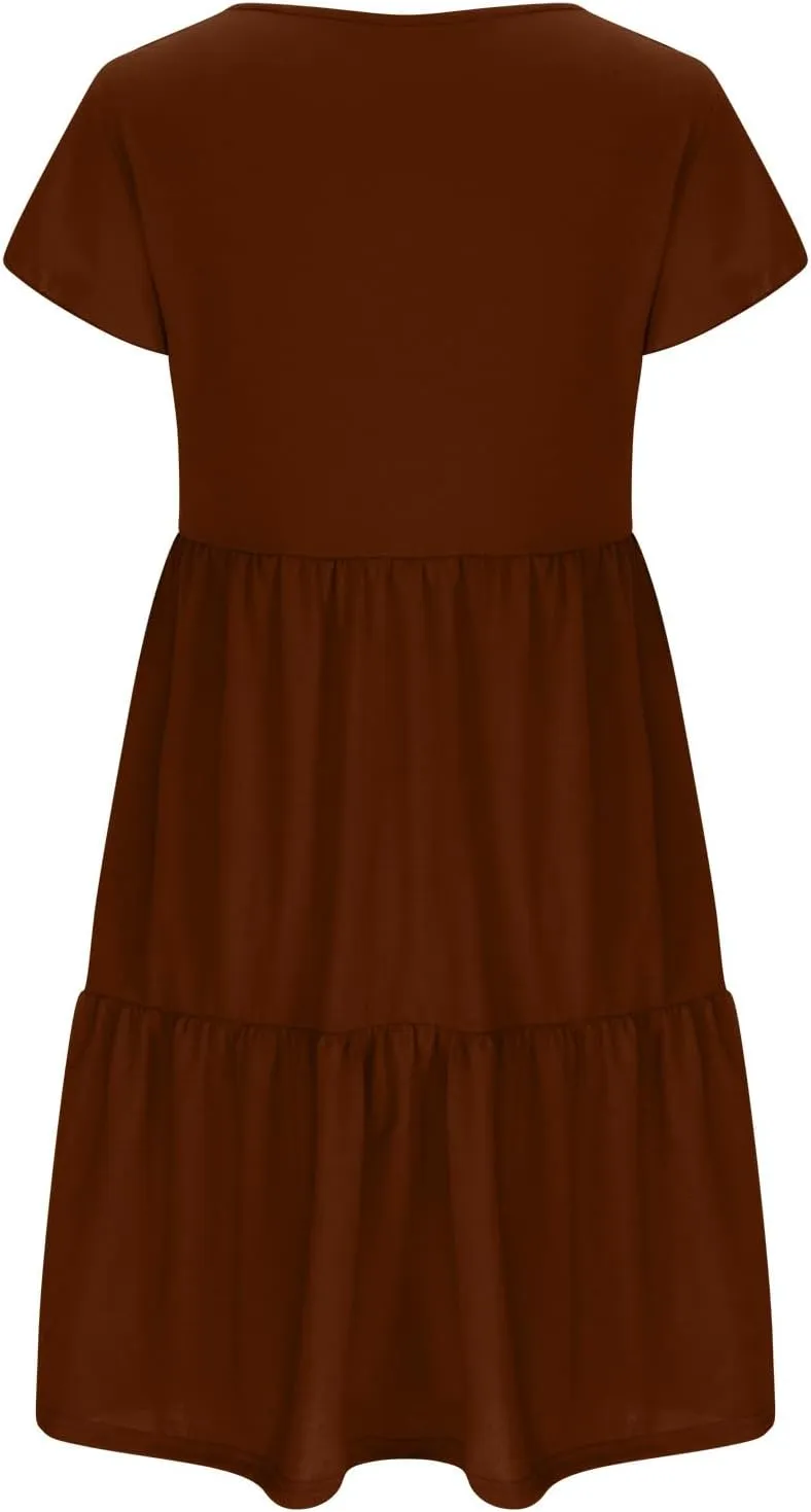 FZYLQY Womens 2024 Summer Casual Dresses Short Sleeve Ruffle V Neck Beach Mini Dress Smocked High Waist Short Sundresses