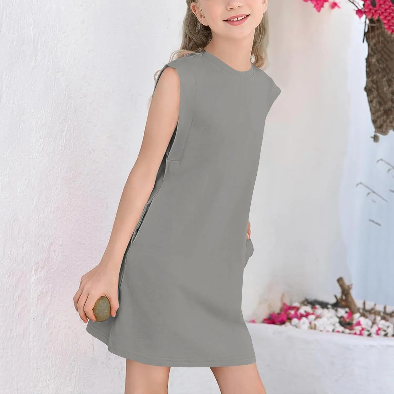 Girls Sleeveless Summer Dress Kids Casual Crewneck Loose Beach Short Mini Sundresses with Pockets 4-14 Years