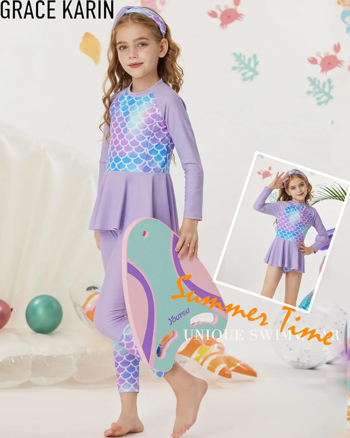 GRACE KARIN Girls Long Sleeve Swimsuit Mermaid Bathing Suit Rash Guard Swimwear 4 Piece Size 5-12