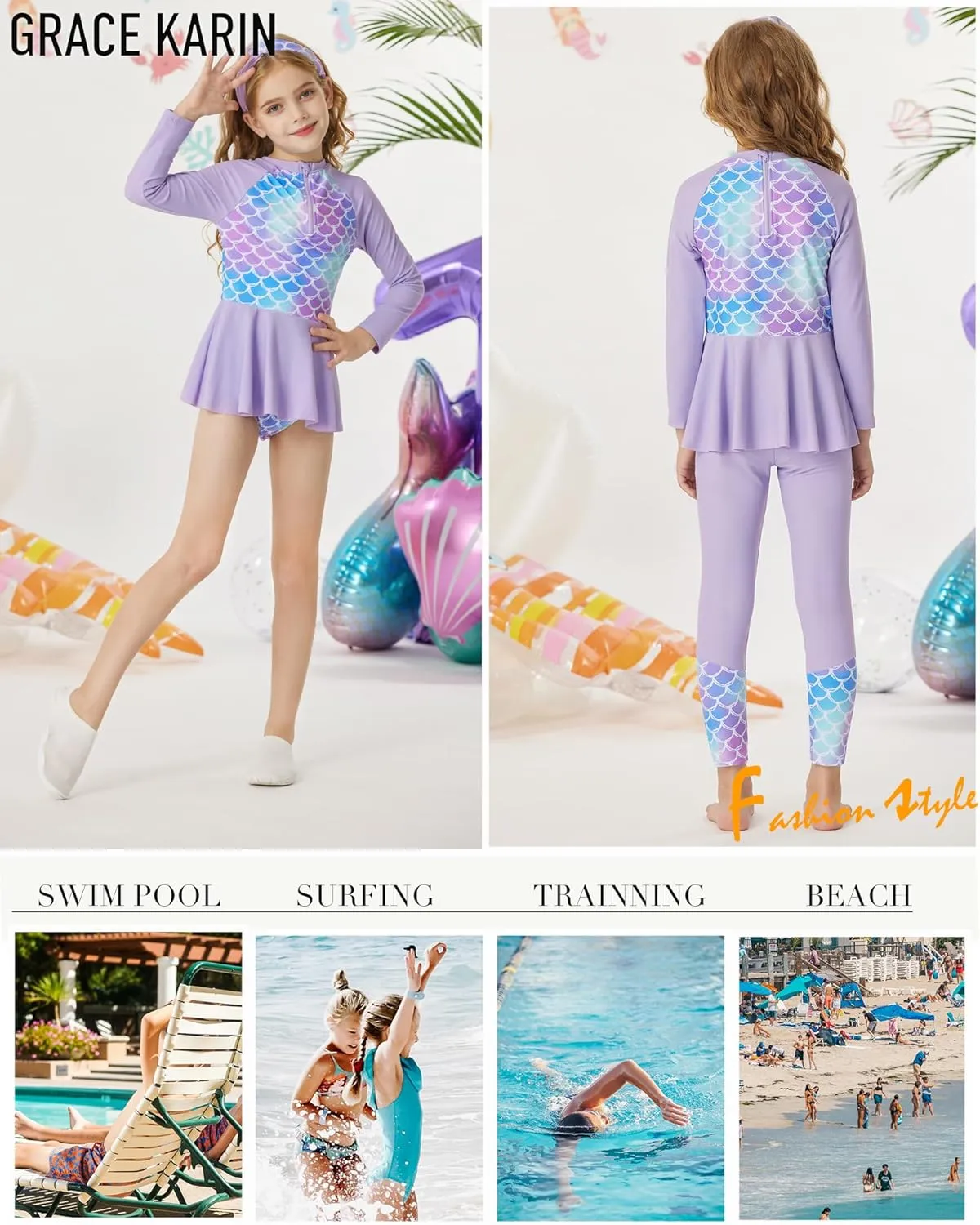 GRACE KARIN Girls Long Sleeve Swimsuit Mermaid Bathing Suit Rash Guard Swimwear 4 Piece Size 5-12