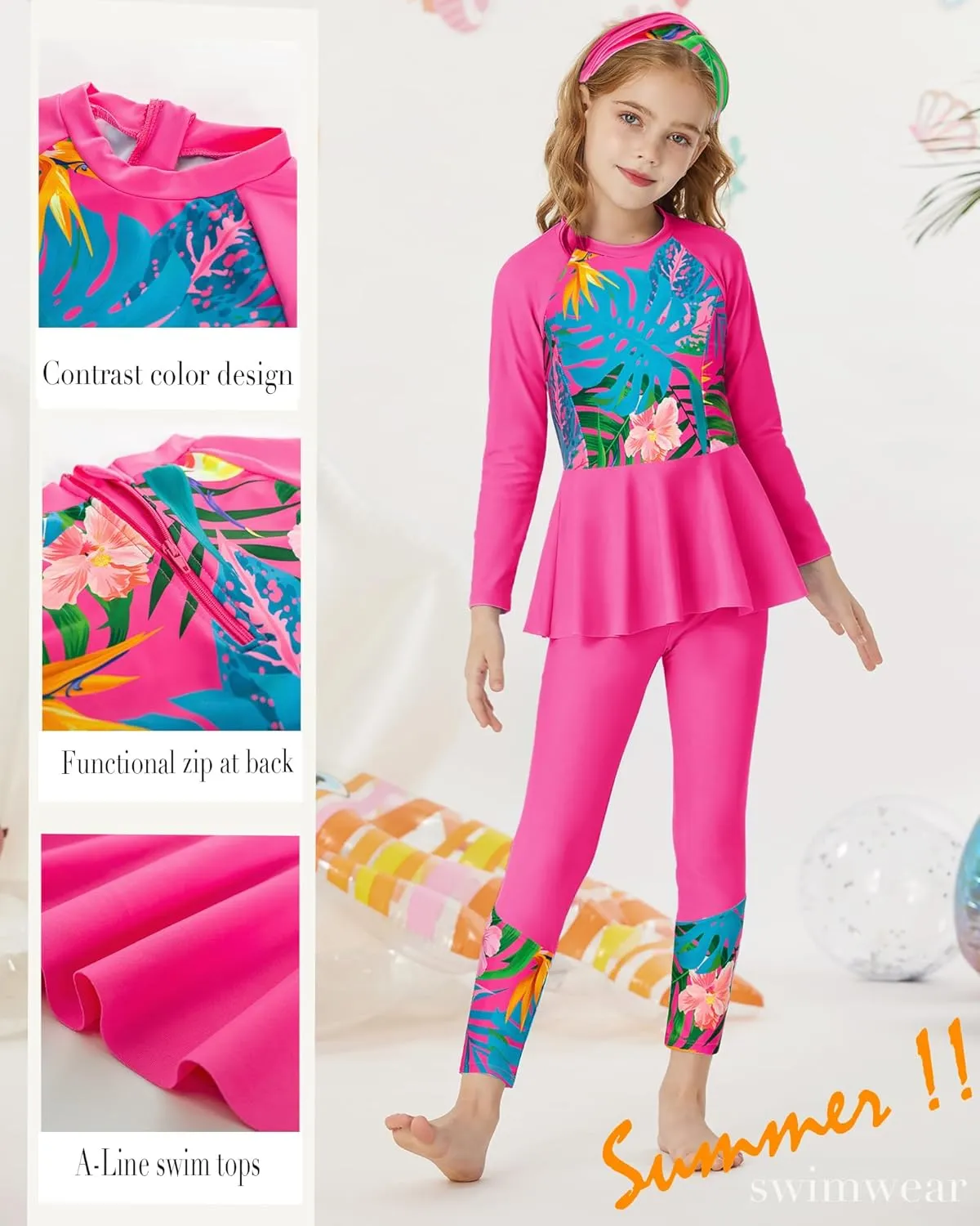 GRACE KARIN Girls Long Sleeve Swimsuit Mermaid Bathing Suit Rash Guard Swimwear 4 Piece Size 5-12
