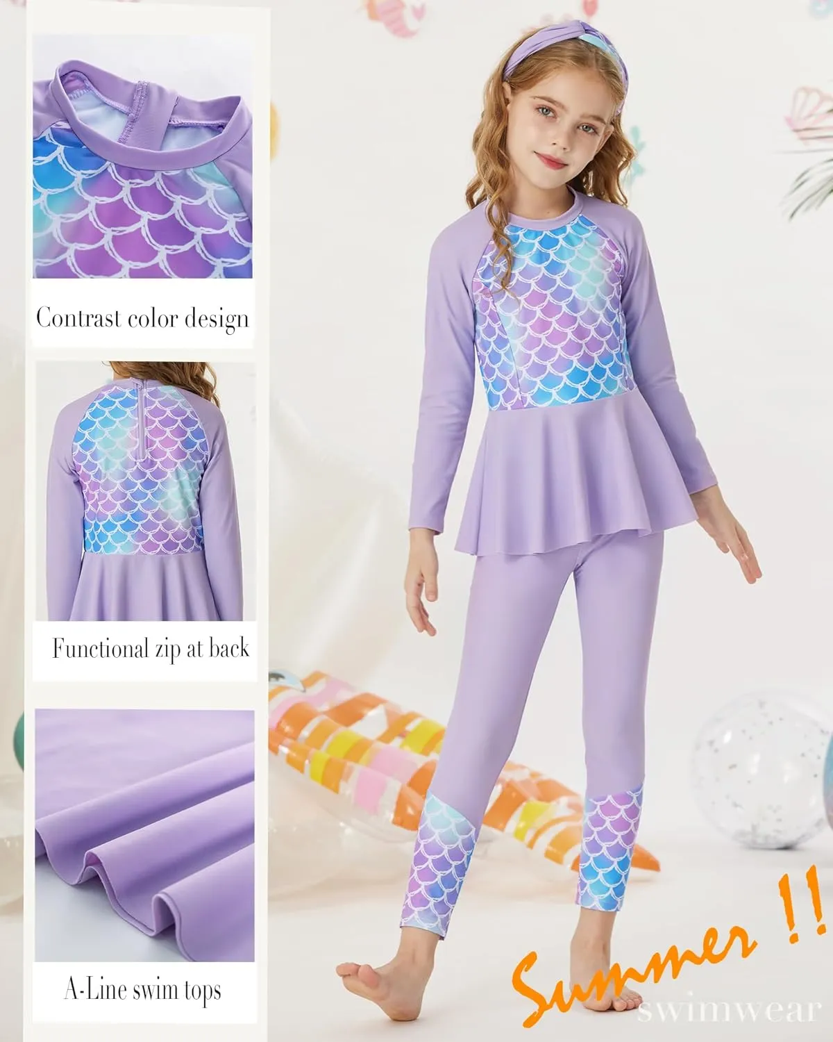 GRACE KARIN Girls Long Sleeve Swimsuit Mermaid Bathing Suit Rash Guard Swimwear 4 Piece Size 5-12