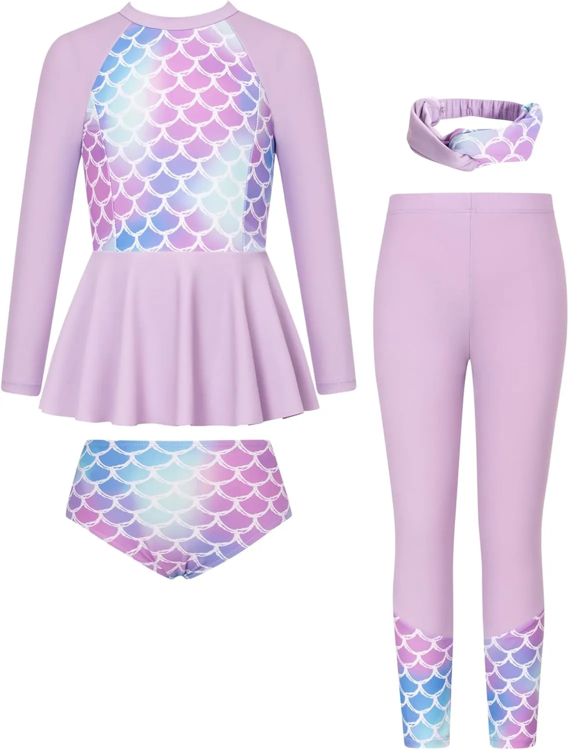 GRACE KARIN Girls Long Sleeve Swimsuit Mermaid Bathing Suit Rash Guard Swimwear 4 Piece Size 5-12