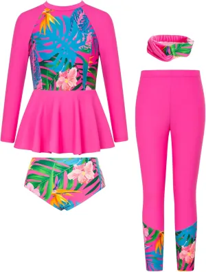 GRACE KARIN Girls Long Sleeve Swimsuit Mermaid Bathing Suit Rash Guard Swimwear 4 Piece Size 5-12