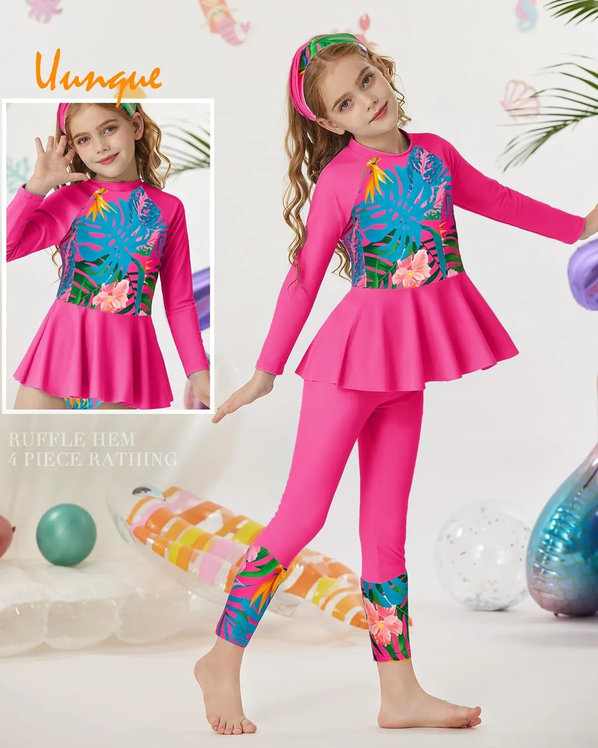 GRACE KARIN Girls Long Sleeve Swimsuit Mermaid Bathing Suit Rash Guard Swimwear 4 Piece Size 5-12