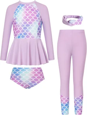 GRACE KARIN Girls Long Sleeve Swimsuit Mermaid Bathing Suit Rash Guard Swimwear 4 Piece Size 5-12