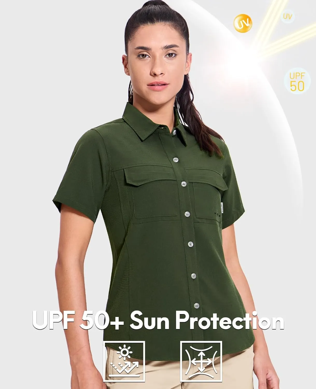 Haimont Women's UPF 50  Sun Protection Button Down Fishing Hiking Travel Shirts Short Sleeve Quick Dry Shirt with Pockets
