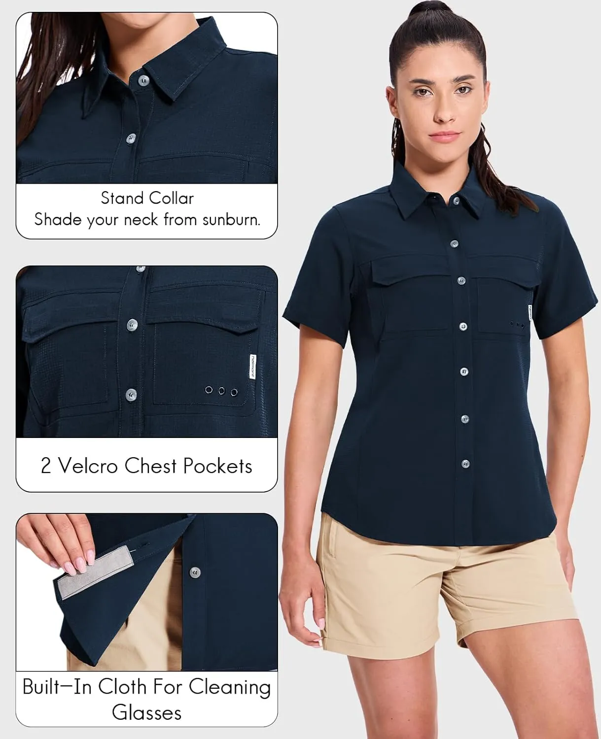Haimont Women's UPF 50  Sun Protection Button Down Fishing Hiking Travel Shirts Short Sleeve Quick Dry Shirt with Pockets