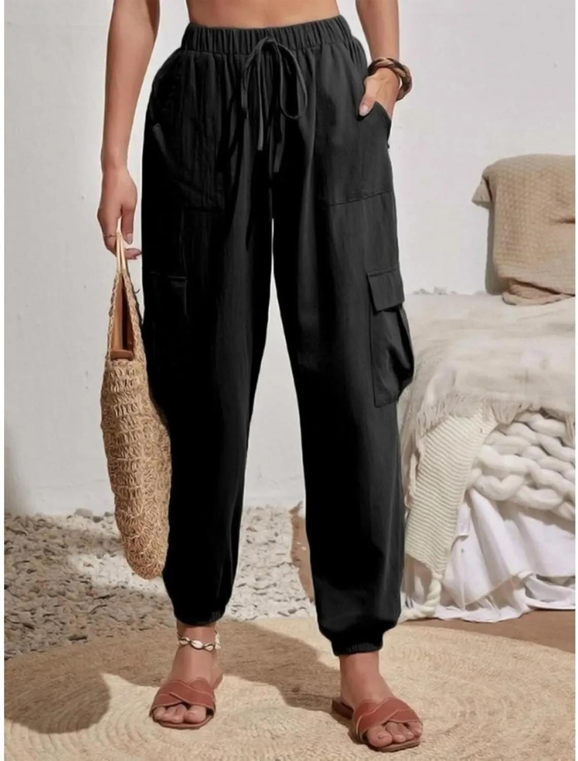 Harem Pants for Women Casual Comfy Drawstring Elastic Waist Cargo Joggers Summer Lounge Beach Pants with Pockets