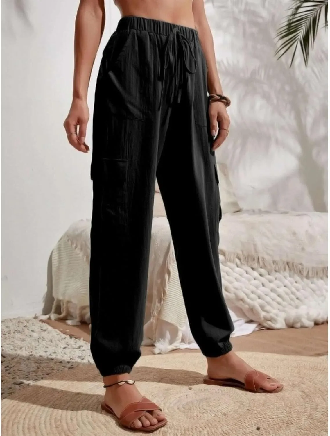 Harem Pants for Women Casual Comfy Drawstring Elastic Waist Cargo Joggers Summer Lounge Beach Pants with Pockets