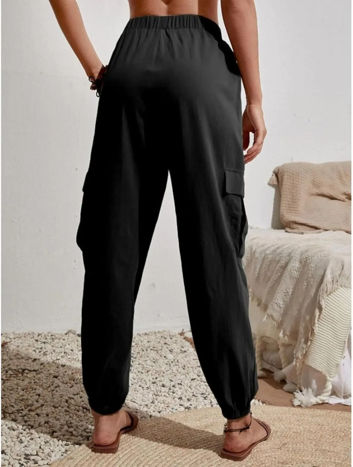 Harem Pants for Women Casual Comfy Drawstring Elastic Waist Cargo Joggers Summer Lounge Beach Pants with Pockets