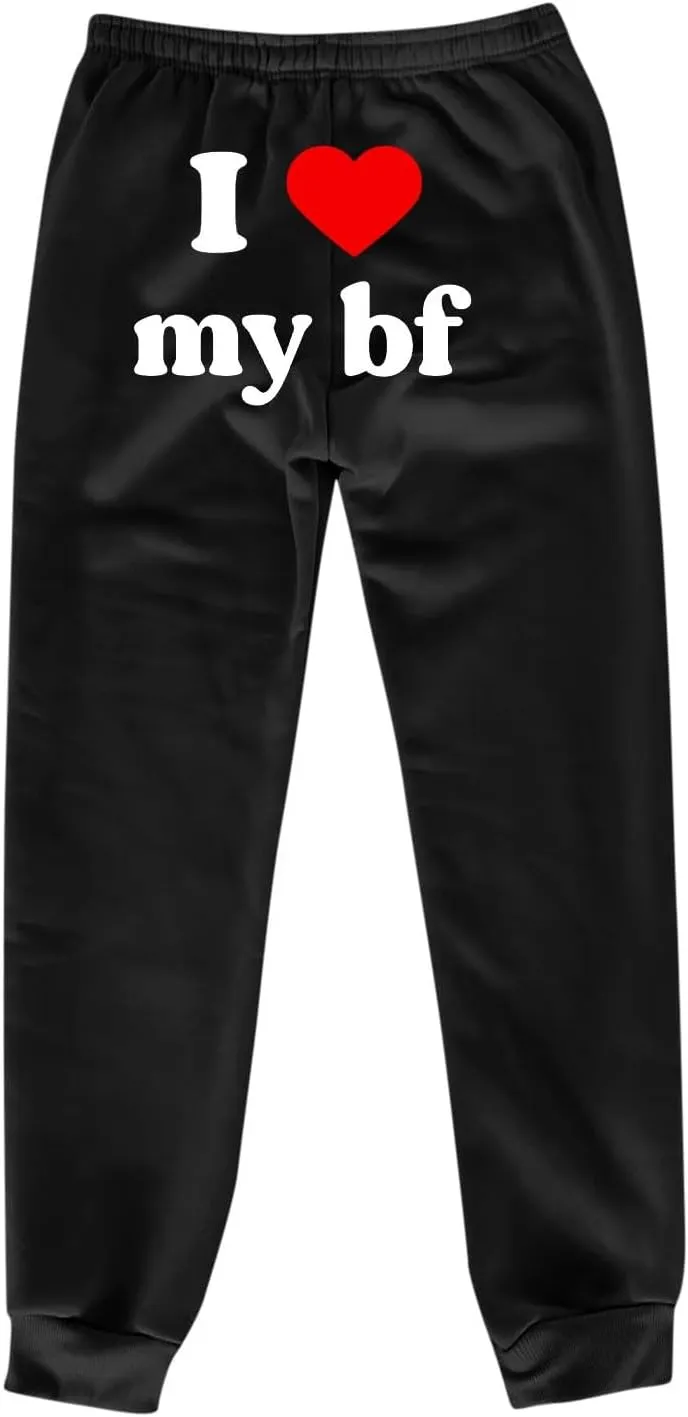 Heart Print Sweatpants for Women Long Pants I Love My bf Jogger Pants Elastic High Waist Trousers