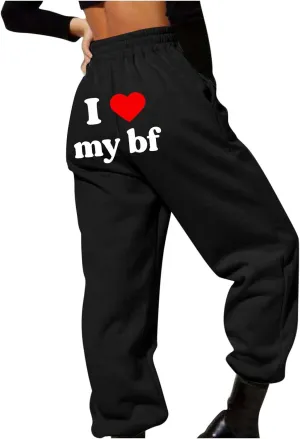 Heart Print Sweatpants for Women Long Pants I Love My bf Jogger Pants Elastic High Waist Trousers