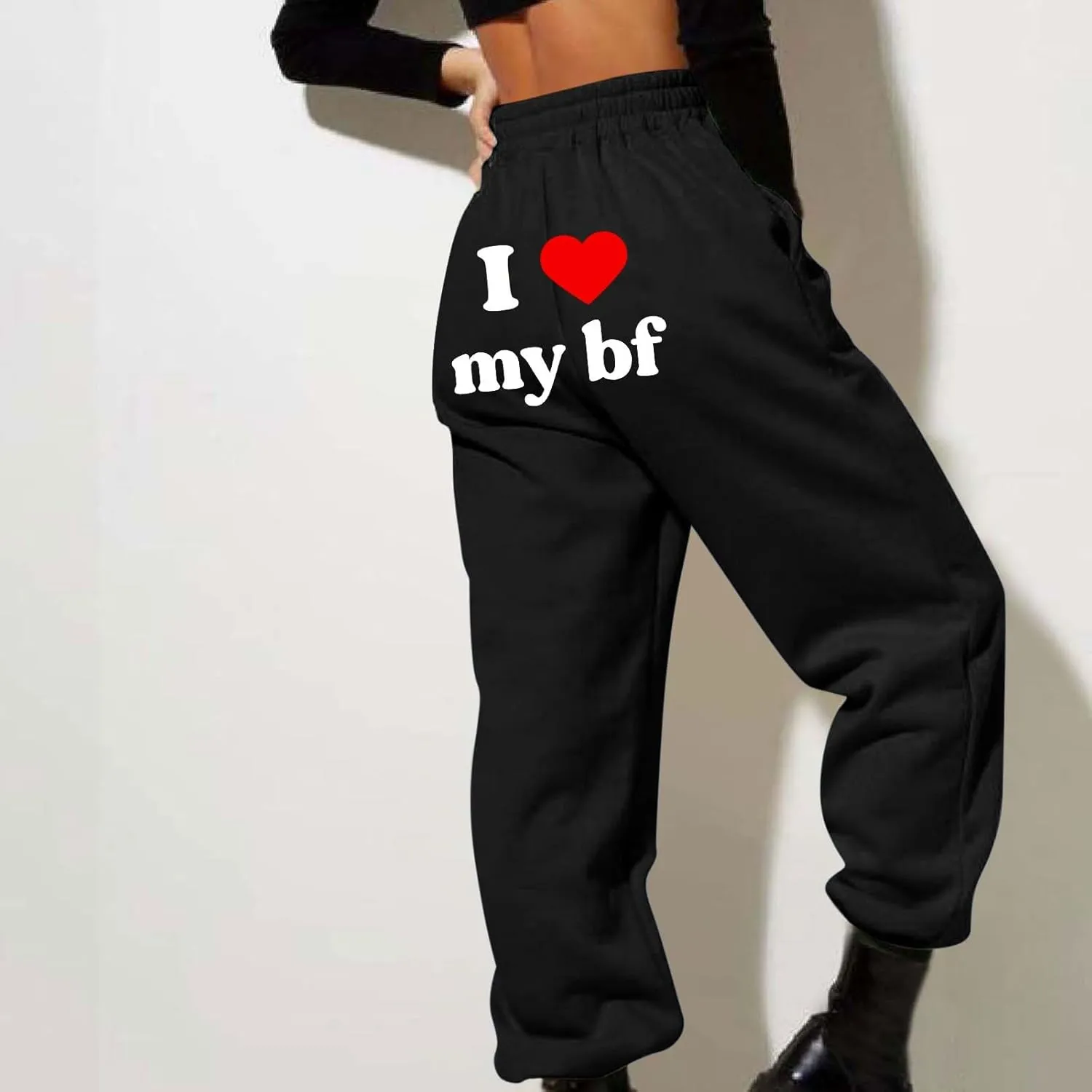 Heart Print Sweatpants for Women Long Pants I Love My bf Jogger Pants Elastic High Waist Trousers